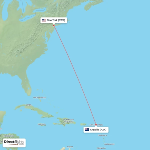 Anguilla - New York direct flight map