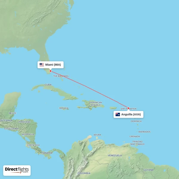 Anguilla - Miami direct flight map