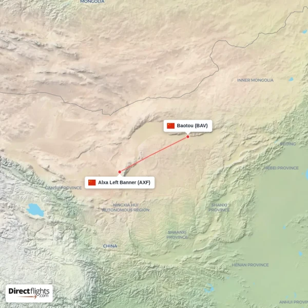 Alxa Left Banner - Baotou direct flight map