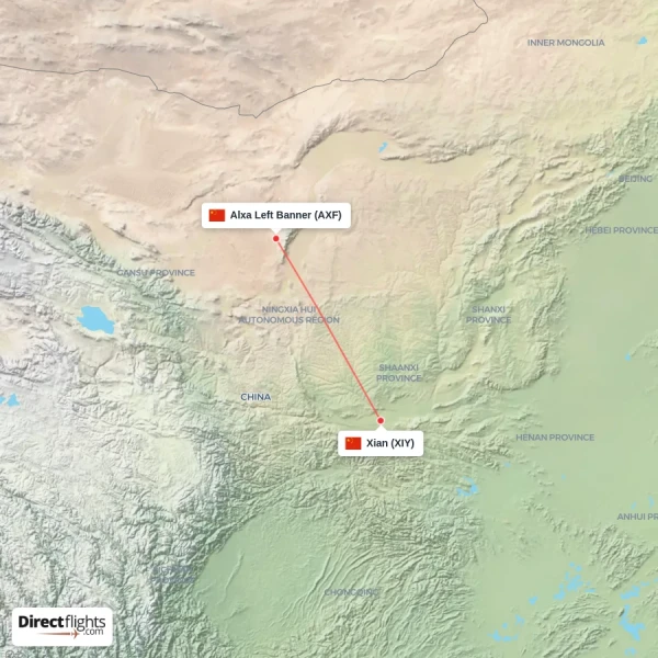 Alxa Left Banner - Xian direct flight map