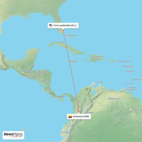 Armenia - Fort Lauderdale direct flight map
