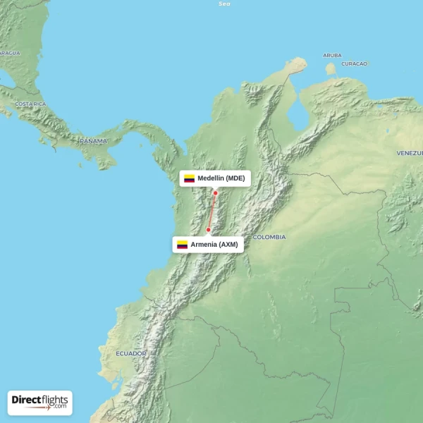 Armenia - Medellin direct flight map