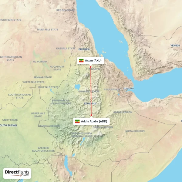Axum - Addis Ababa direct flight map
