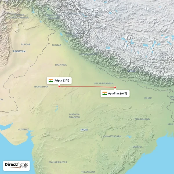 Ayodhya - Jaipur direct flight map