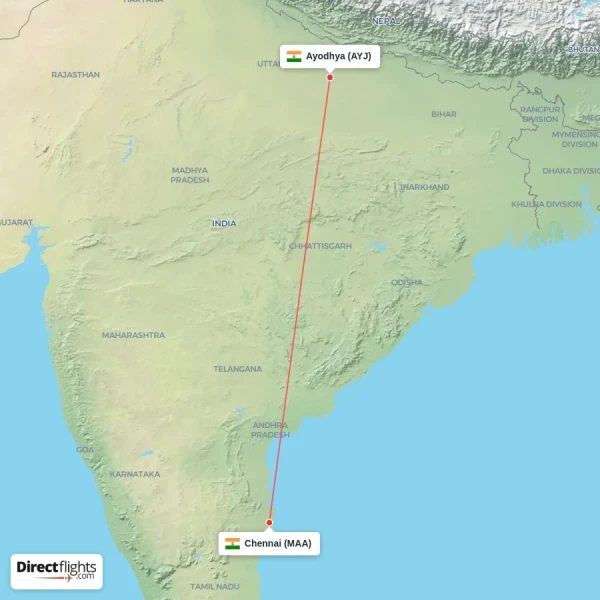 Ayodhya - Chennai direct flight map