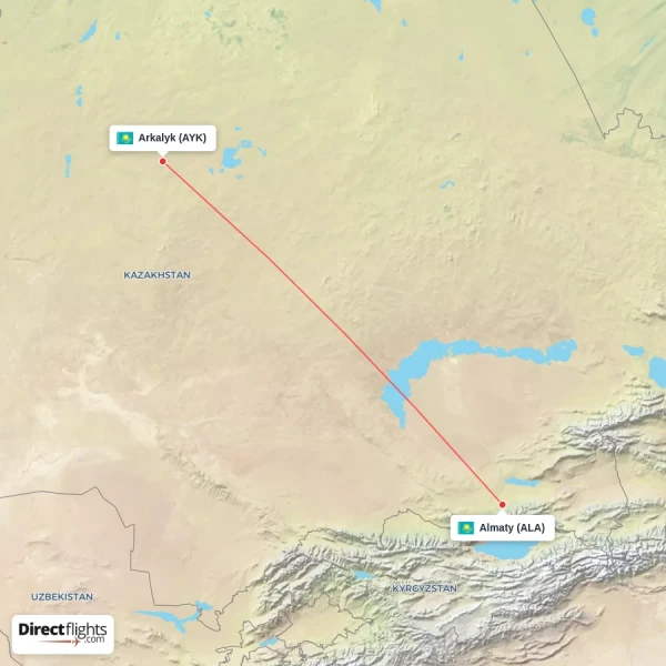 Arkalyk - Almaty direct flight map