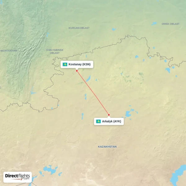 Arkalyk - Kostanay direct flight map