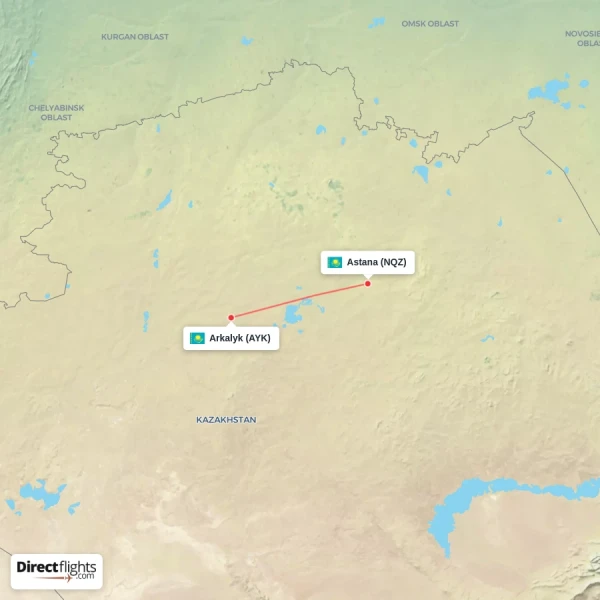 Arkalyk - Astana direct flight map