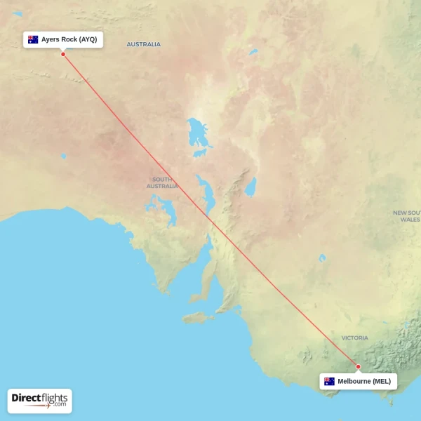 Ayers Rock - Melbourne direct flight map