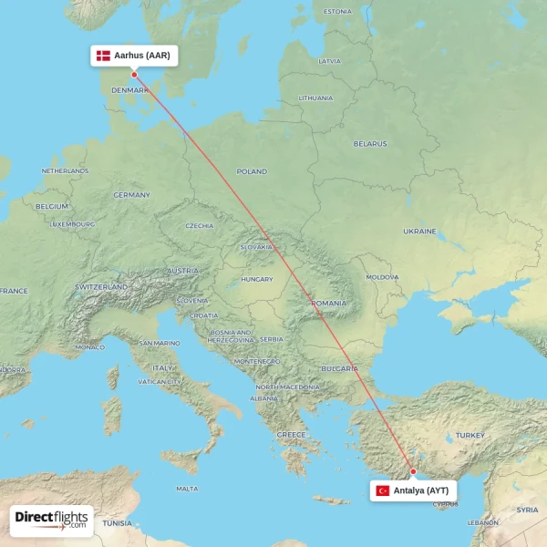 Antalya - Aarhus direct flight map