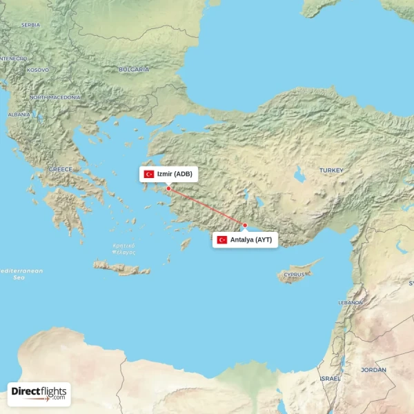 Antalya - Izmir direct flight map