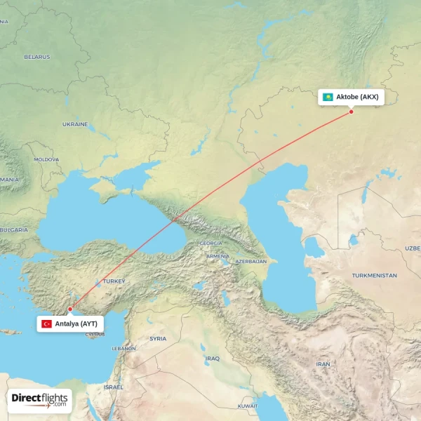 Antalya - Aktobe direct flight map