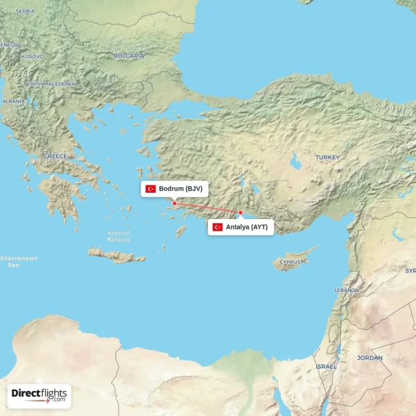 Antalya - Bodrum direct flight map