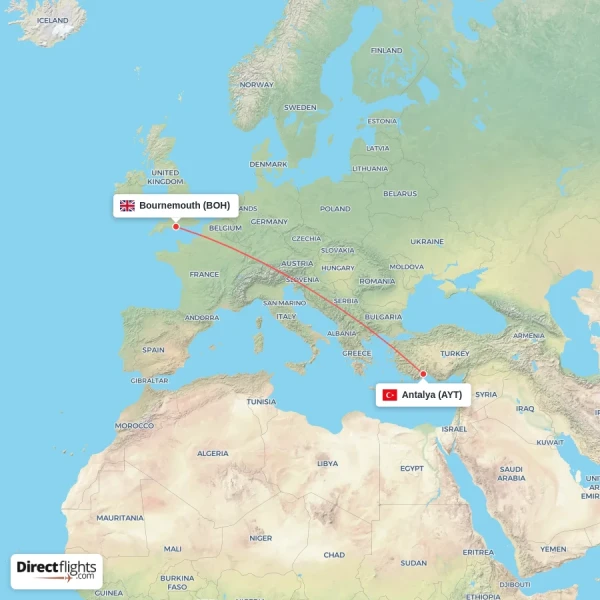 Antalya - Bournemouth direct flight map