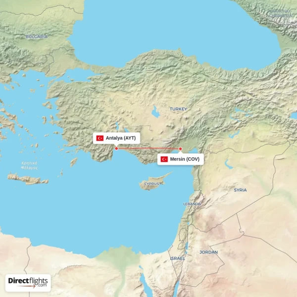 Antalya - Mersin direct flight map