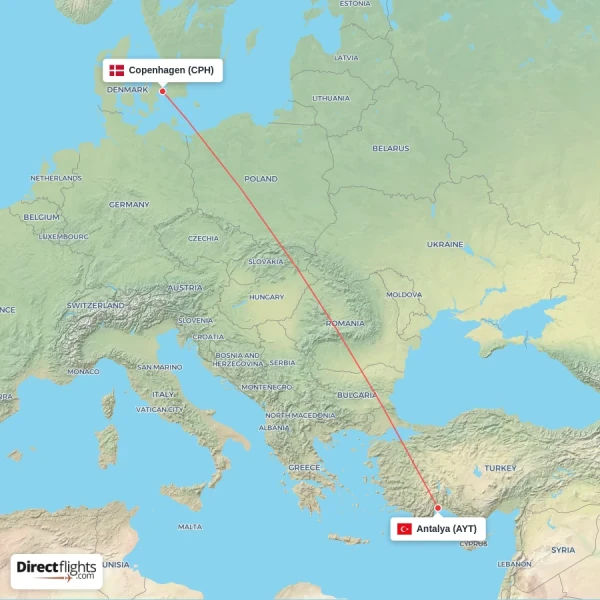 Antalya - Copenhagen direct flight map