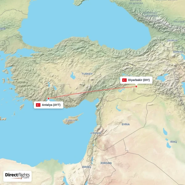 Antalya - Diyarbakir direct flight map