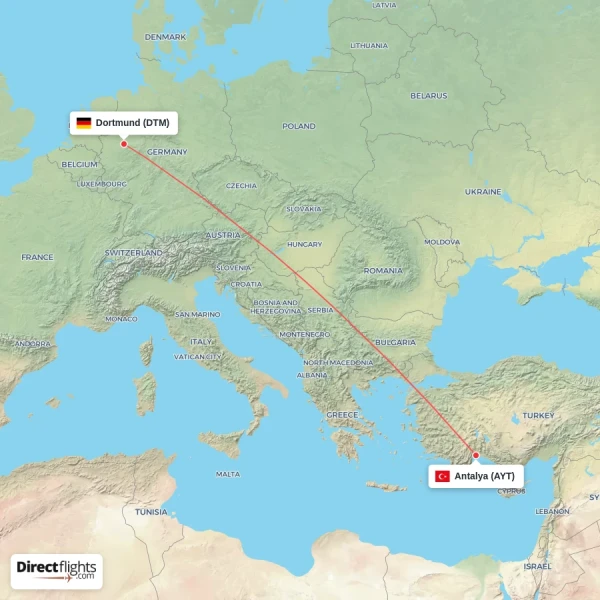 Antalya - Dortmund direct flight map