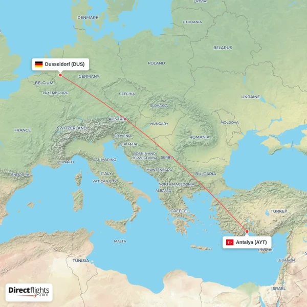 Antalya - Dusseldorf direct flight map