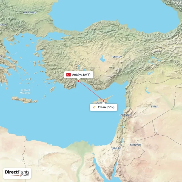 Antalya - Ercan direct flight map
