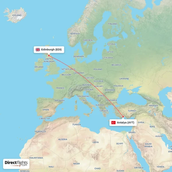 Antalya - Edinburgh direct flight map