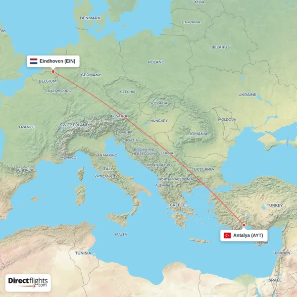 Antalya - Eindhoven direct flight map
