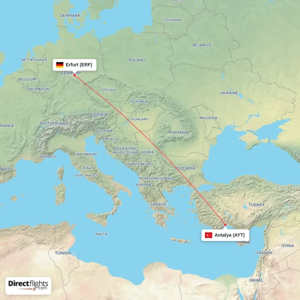 Antalya - Erfurt direct flight map