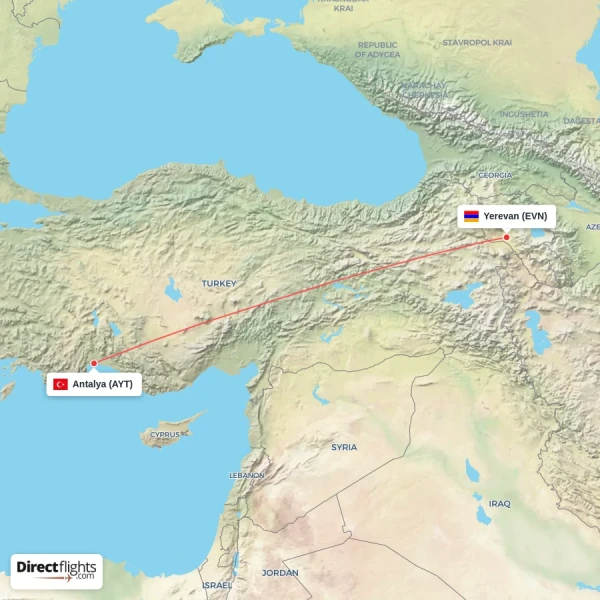Antalya - Yerevan direct flight map