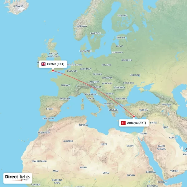 Antalya - Exeter direct flight map