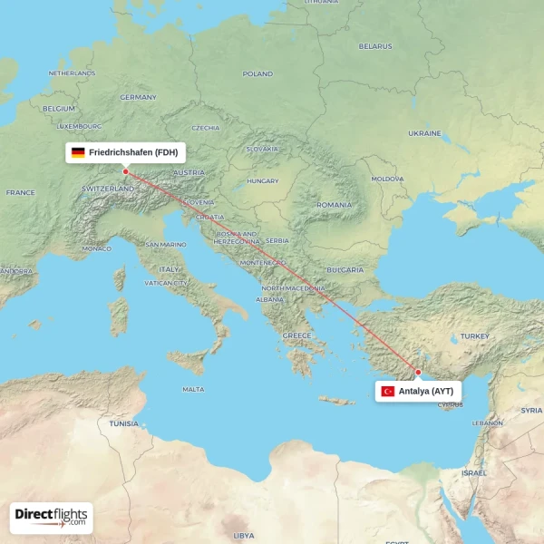 Antalya - Friedrichshafen direct flight map