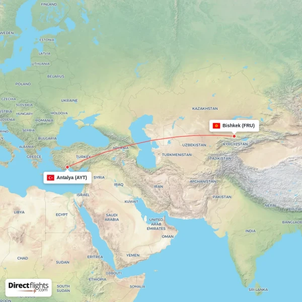 Antalya - Bishkek direct flight map