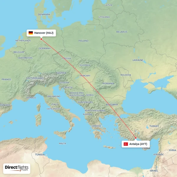 Antalya - Hanover direct flight map