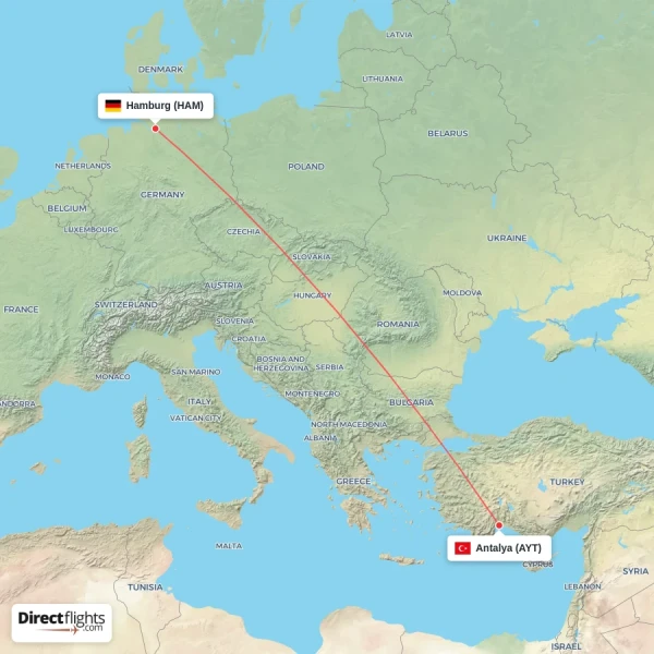 Antalya - Hamburg direct flight map