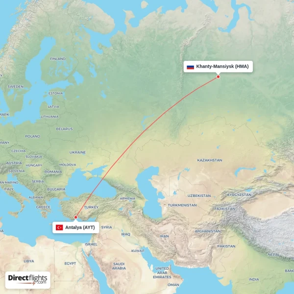 Antalya - Khanty-Mansiysk direct flight map
