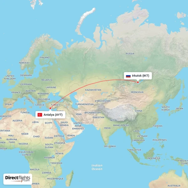 Antalya - Irkutsk direct flight map
