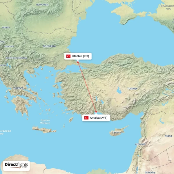 Antalya - Istanbul direct flight map