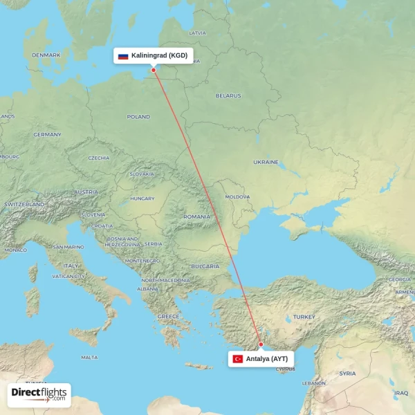 Antalya - Kaliningrad direct flight map