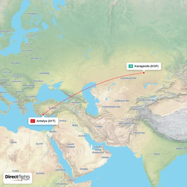Antalya - Karaganda direct flight map