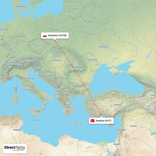 Antalya - Katowice direct flight map