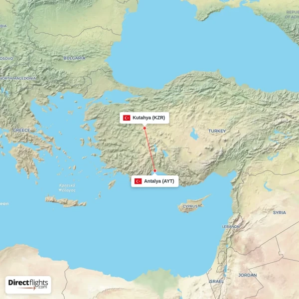 Antalya - Kutahya direct flight map