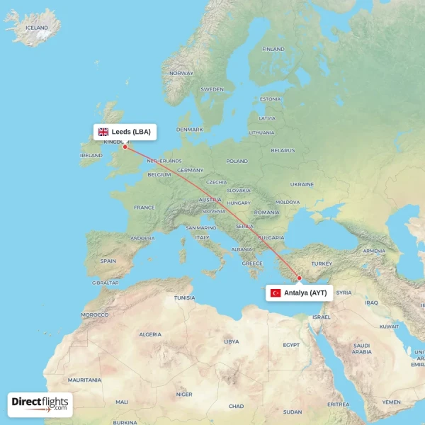 Antalya - Leeds direct flight map