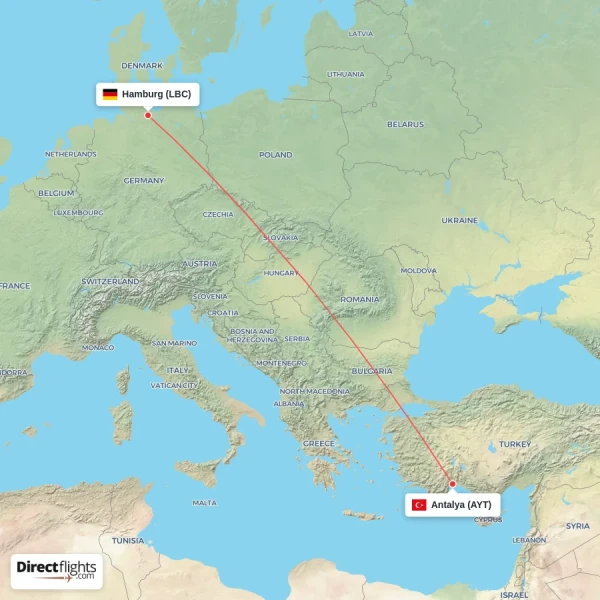 Antalya - Hamburg direct flight map