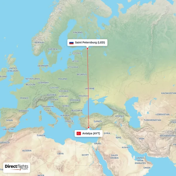 Antalya - Saint Petersburg direct flight map