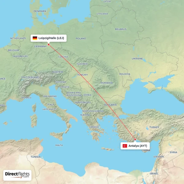 Antalya - Leipzig/Halle direct flight map