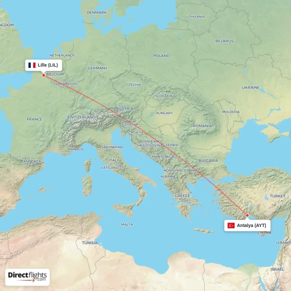 Antalya - Lille direct flight map