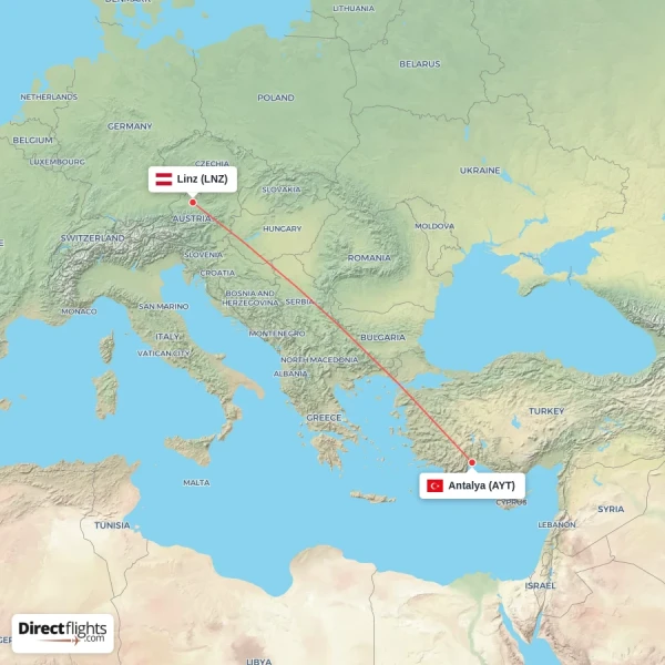 Antalya - Linz direct flight map