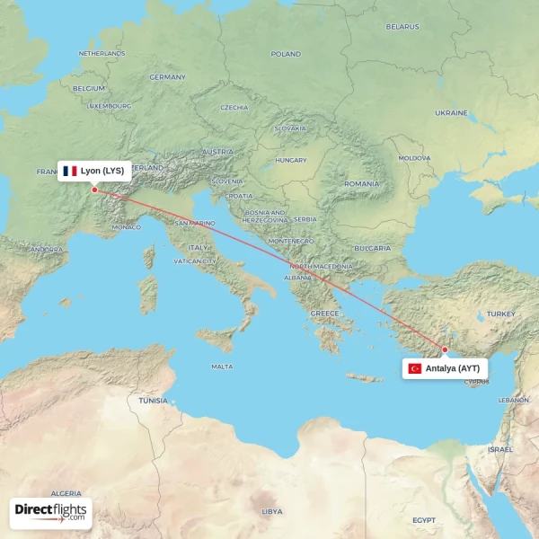 Antalya - Lyon direct flight map