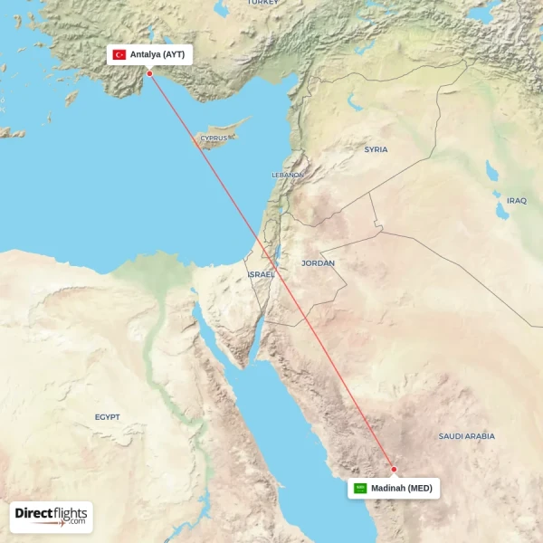 Antalya - Madinah direct flight map