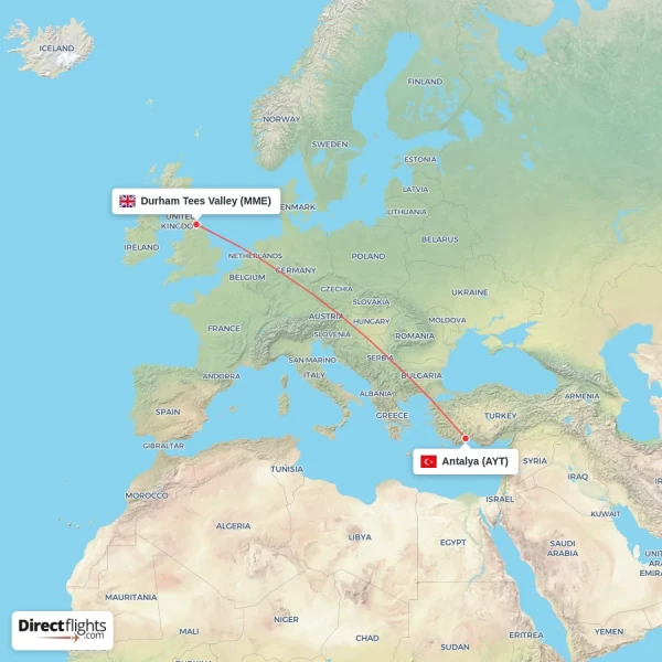 Antalya - Durham Tees Valley direct flight map