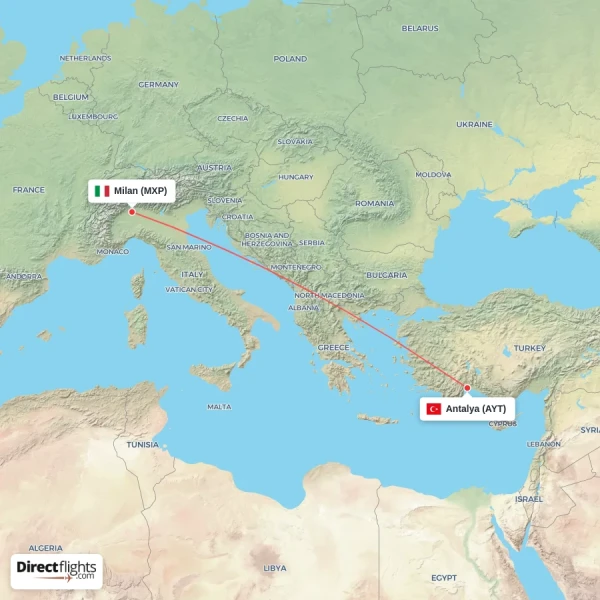 Antalya - Milan direct flight map